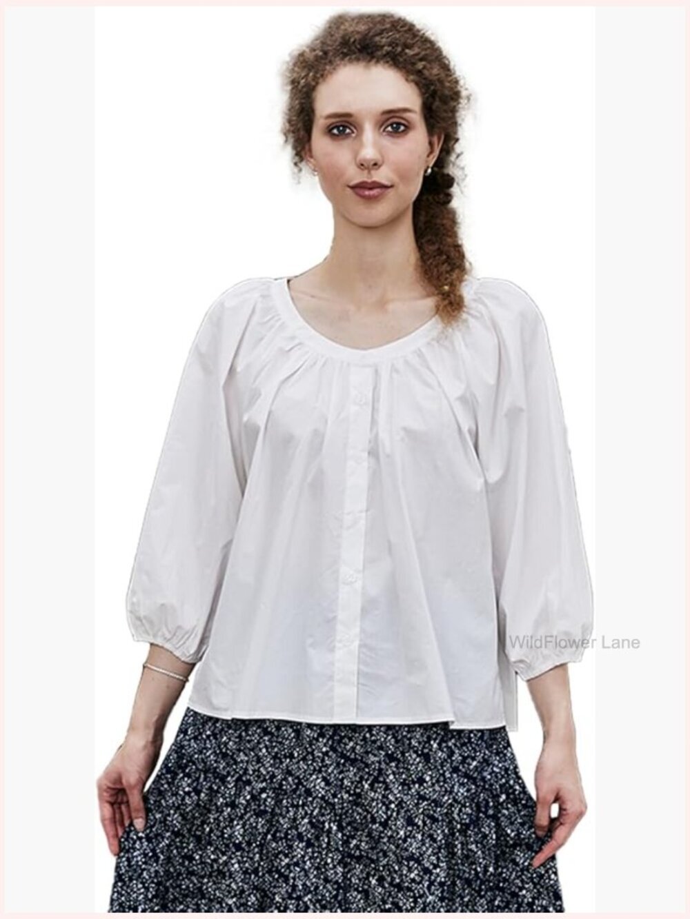 Victorian Puff Sleeve Blouse 3/4 Sleeve Round Collar Top